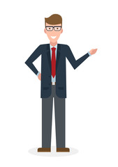 Fototapeta premium Businessman pointing on white background. Isolated caharacter. Instructor and adviser. 