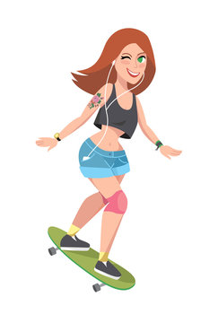 Isolated skater girl on white background. Cool beautiful girl riding on a skateboard or longboard. Summer art. Teenager hipster skateboarder. Active lifestyle.