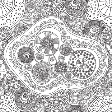 Coloring pages for adults book.Seamless black and white abstract pattern with circle. 
