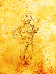 Fototapeta na wymiar Funny Bodybuilder, pencil sketch on paper, sepia and vintage effect.