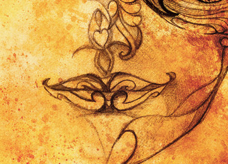 Drawing ornamental woman lips, pencil sketch on paper, sepia and vintage effect.
