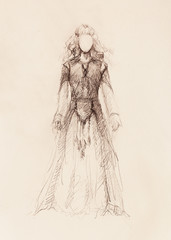 woman drawing in ornamental dress, pencil sketch on paper, sepia and vintage effect.