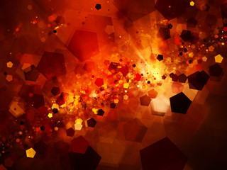Fototapeta premium Fiery glowing nebula in space with pentagon particles