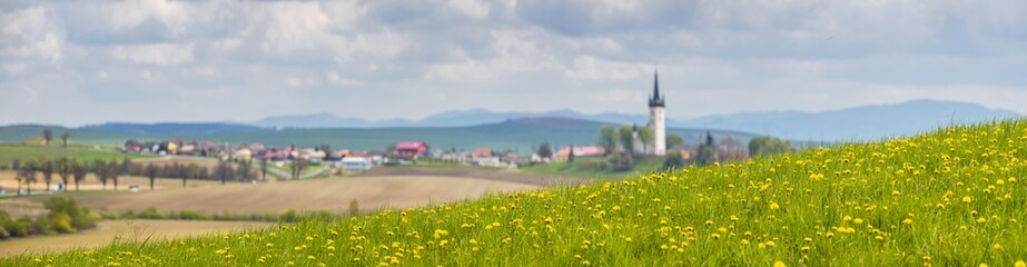 panorama of old church and dandelion field in Slovakia