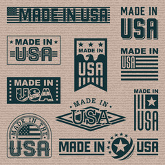 Made in America (USA) – set of different labels, badges, stamps.