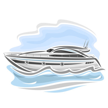Vector illustration of logo for speed boat powerboat, consisting of  racing motorboat, floating on the ocean sea waves, luxury expensive sport  motor longboat close-up on blue background