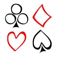 Vector set of playing card symbols. Hand drawn black and red icons isolated on the backgrounds. Graphic illustration