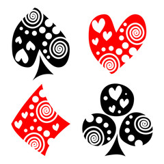 Fototapeta premium Vector set of playing card symbols. Hand drawn black and red ornamental decorative icons with white hearts, spiral and dots, isolated on the backgrounds. Graphic illustration