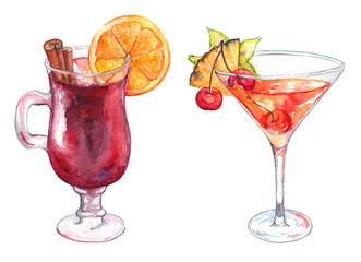 Watercolor exotic drink alcohol cocktail set isolated