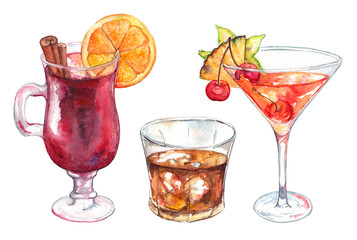 Watercolor exotic drink alcohol cocktail set isolated