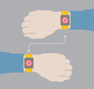 Hands with smartwatch connected wia wireless technology.