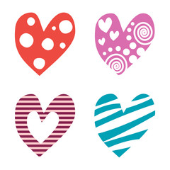 Vector set of hearts symbols. Colorful decorative ornamental graphic illustrations isolated on the backgrounds.
