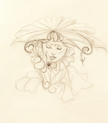 mystic woman with flower. pencil drawing on paper.