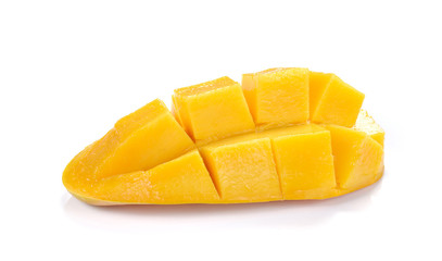 Mango slice cut to cubes on white background.