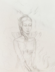 Drawing of elf woman, pencil sketch on paper.