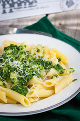 Pasta with pesto sauce on a white plate