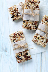 Granola bar on a blue wooden table