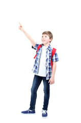 Young boy with backpack on a white background