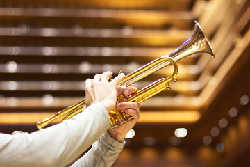 Naklejka na ściany i meble Trumpeter on stage.wind instrument. Trumpet. Concert Hall. Wind Instruments 