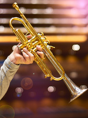 Obraz na płótnie Canvas Trumpeter on stage.wind instrument. Trumpet. Concert Hall. Wind Instruments 