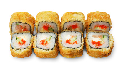 Set of tempura sushi rolls isolated at white