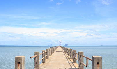 old wooden and concrete bridge in tranquil sea to find paradise destination way,Trang Thailand