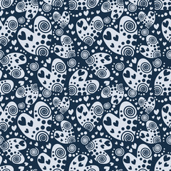 Seamless vector pattern with hearts. Background with white hand drawn ornamental symbols and decorative elements on the blue. Decorative repeating ornament. Series of Love Seamless Patterns.
