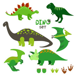 Fototapeta premium Cute dinosaurs set. Collection of cartoon dinosaurs and prints. Vector illustration. 