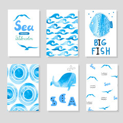 Watercolor sea set in blue and white colors. Collection of cards template, marine theme. Vector sea illustrations. Hand drawn card for your design, birthday, party invitations. 