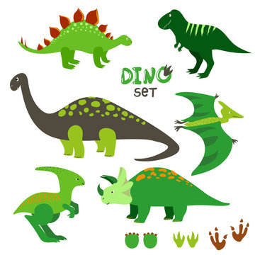 Cute dinosaurs set. Collection of cartoon dinosaurs and prints. Vector illustration. © Afanasia