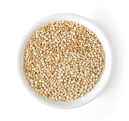 Bowl of white quinoa isolated on white, from above
