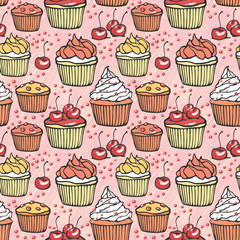 Seamless pattern with muffins and cherries