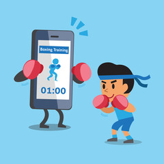 Cartoon smartphone helping a man to do boxing training