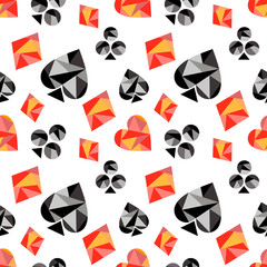 Vector seamless pattern with black and red playing card symbols. Polygonal design. Geometric triangular origami style, graphic illustration. Series of Gaming and Gambling Seamless Patterns.