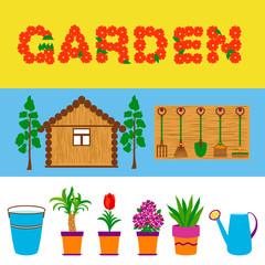 Garden tools and flowers web banners