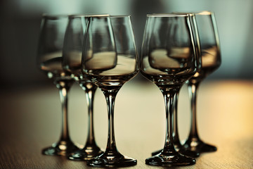 Empty wineglasses on a table, close up