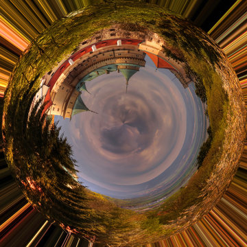 Panoramic view of romantic castle at 360 degree, mini planet.