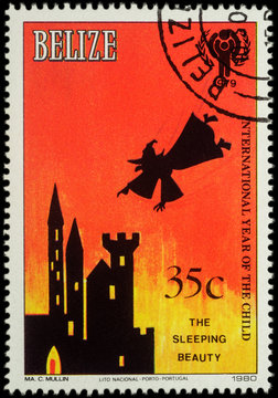 Illustration to fairy tale "Sleeping Beauty" on postage stamp