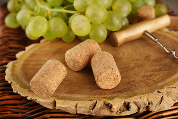 Wine corks and tailspin with bunch of grapes on wooden background