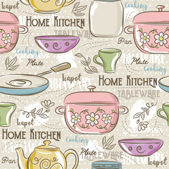 Seamless Patterns with different tableware,flower, pot,cup