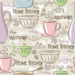 Seamless Patterns with different tableware,flower, cup, pan 