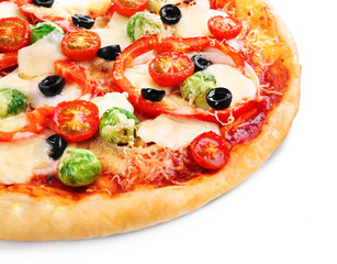 Delicious pizza with cheese and vegetables isolated on white