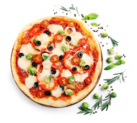 Delicious pizza with cheese and vegetables isolated on white