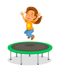 Girl jumping on trampoline. Vector flat cartoon illustration