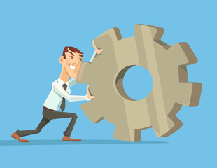 Man rolls gear. Vector flat cartoon illustration