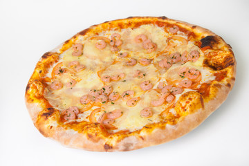 Pizza with pineapples and shrimps