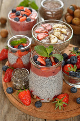 Chia pudding with strawberries and blueberries 