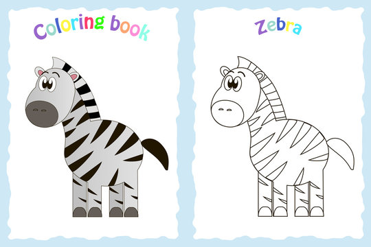 Coloring book page for preschool children with colorful zebra and sketch to color