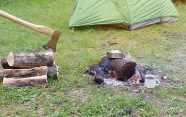 Camping in the woods on the banks of the river. 
