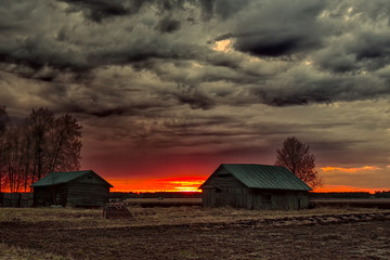 Two Old Barn Houses In The Springtime Sunset
